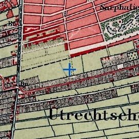 Kaartuitsnede van 1900 met het kruis: de stad heeft de polder bereikt