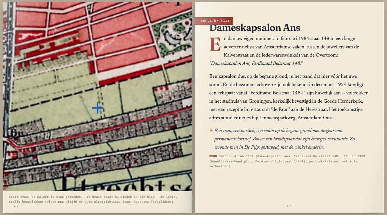 Spread uit het boek: links de kaart van 1900 met een blauw kruis op het huis, rechts het hoofdstuk „Dameskapsalon Ans”